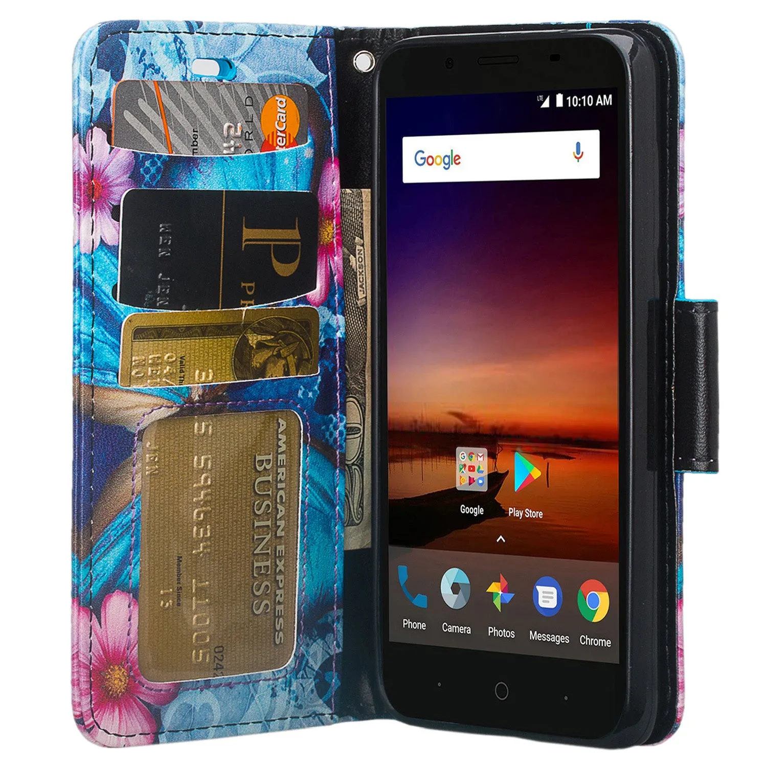 ZTE Tempo X Case, Tempo Go, Blade Vantage, Avid 4, ZFive C, ZFive G, N9137, Z557BL, Z558VL, Slim Flip Fold [Kickstand] Faux Leather Wallet Cover w/ Slots & Pocket   Wrist Strap - Blue Butterfly