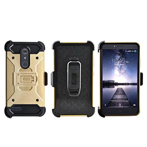ZTE ZMax Pro Case, Blade X Max, ZTE Grand X Max 2 Case, ZTE Carry, ZTE Imperial Max / ZTE Max Duo LTE Heavy Duty[Built-in Kickstand] Rotating Swivel Clip Holster Case / Rugged Triple Layer Protection - Gold