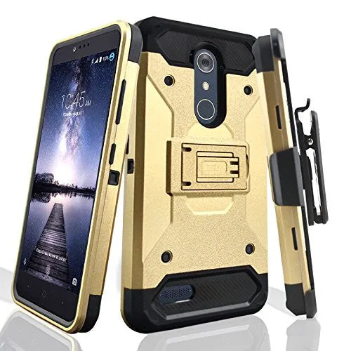 ZTE ZMax Pro Case, Blade X Max, ZTE Grand X Max 2 Case, ZTE Carry, ZTE Imperial Max / ZTE Max Duo LTE Heavy Duty[Built-in Kickstand] Rotating Swivel Clip Holster Case / Rugged Triple Layer Protection - Gold