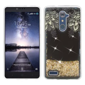 ZTE ZMAX Pro, Grand X Max 2, Blade X Max, ZTE Carry, Imperial Max, Max Duo LTE, Luxury Bling Liquid Glitter Case, Sparkle Quicksand Case - Gold Lace
