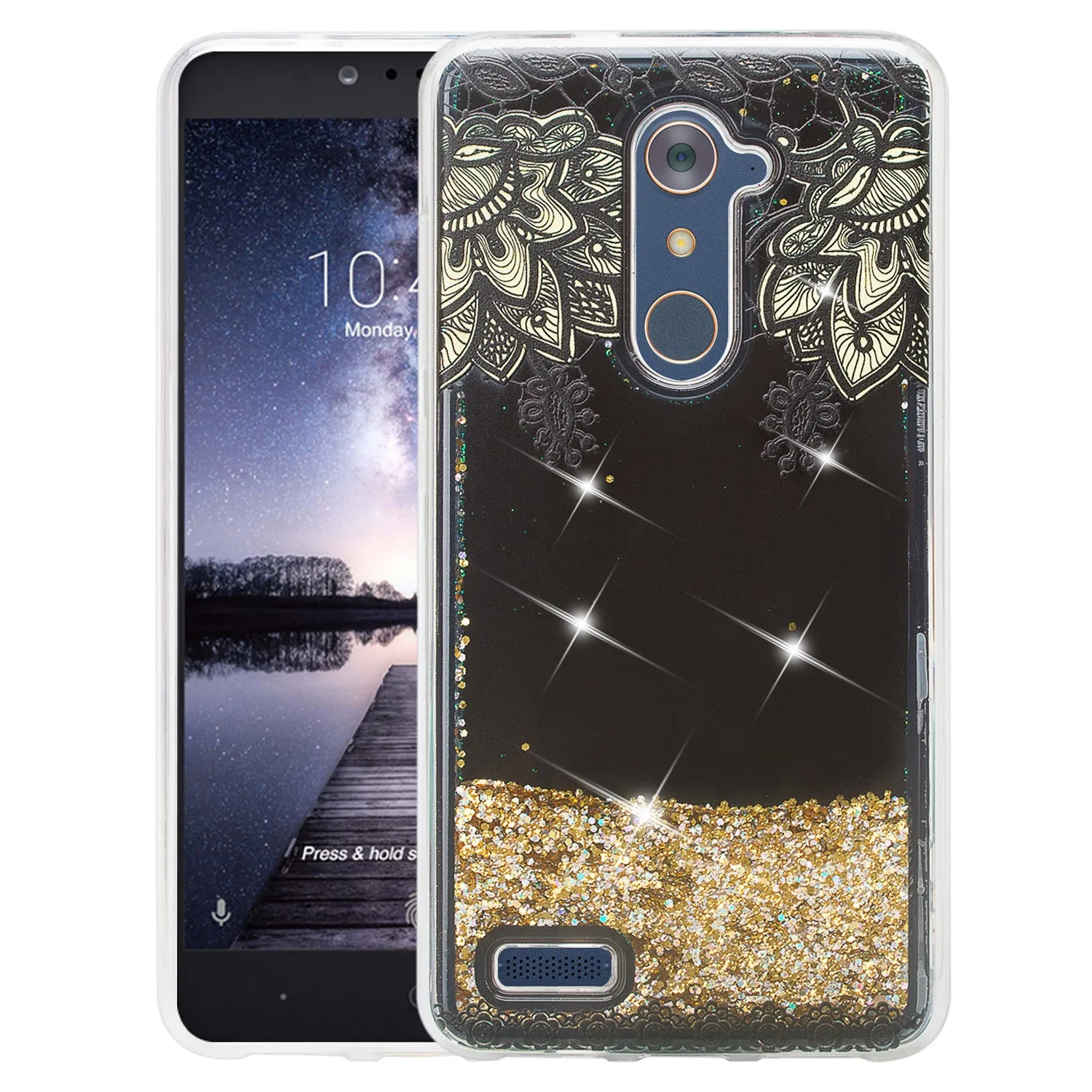ZTE ZMAX Pro, Grand X Max 2, Blade X Max, ZTE Carry, Imperial Max, Max Duo LTE, Luxury Bling Liquid Glitter Case, Sparkle Quicksand Case - Gold Lace