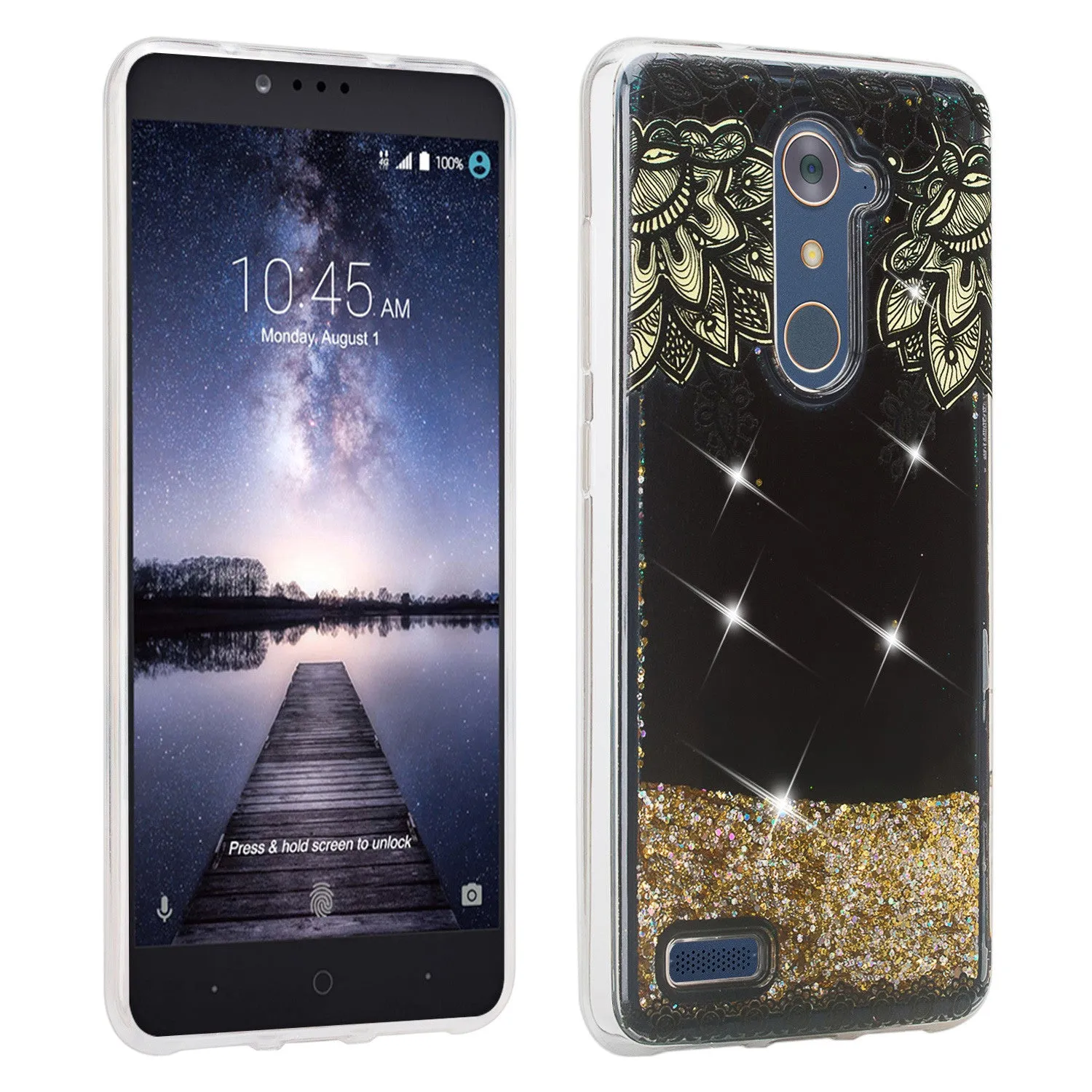 ZTE ZMAX Pro, Grand X Max 2, Blade X Max, ZTE Carry, Imperial Max, Max Duo LTE, Luxury Bling Liquid Glitter Case, Sparkle Quicksand Case - Gold Lace