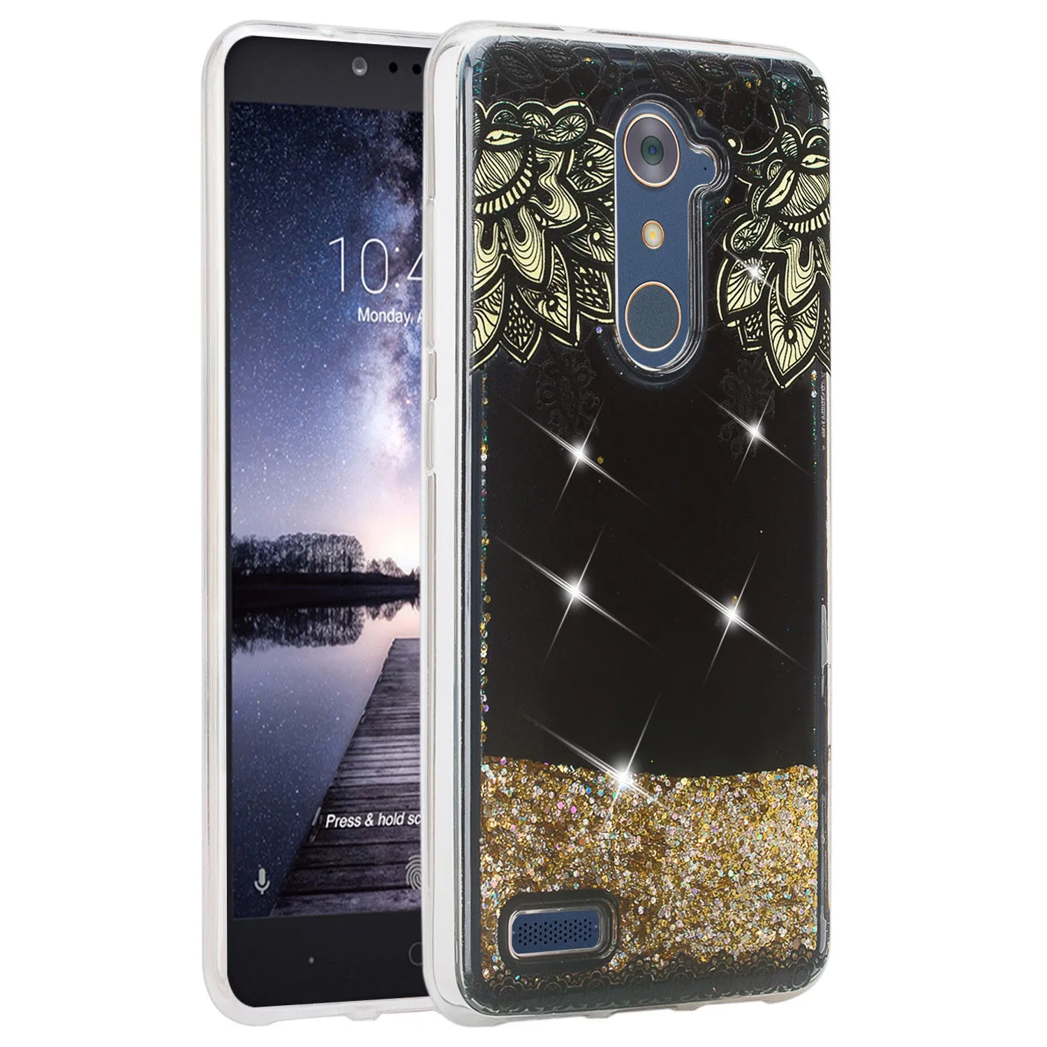 ZTE ZMAX Pro, Grand X Max 2, Blade X Max, ZTE Carry, Imperial Max, Max Duo LTE, Luxury Bling Liquid Glitter Case, Sparkle Quicksand Case - Gold Lace