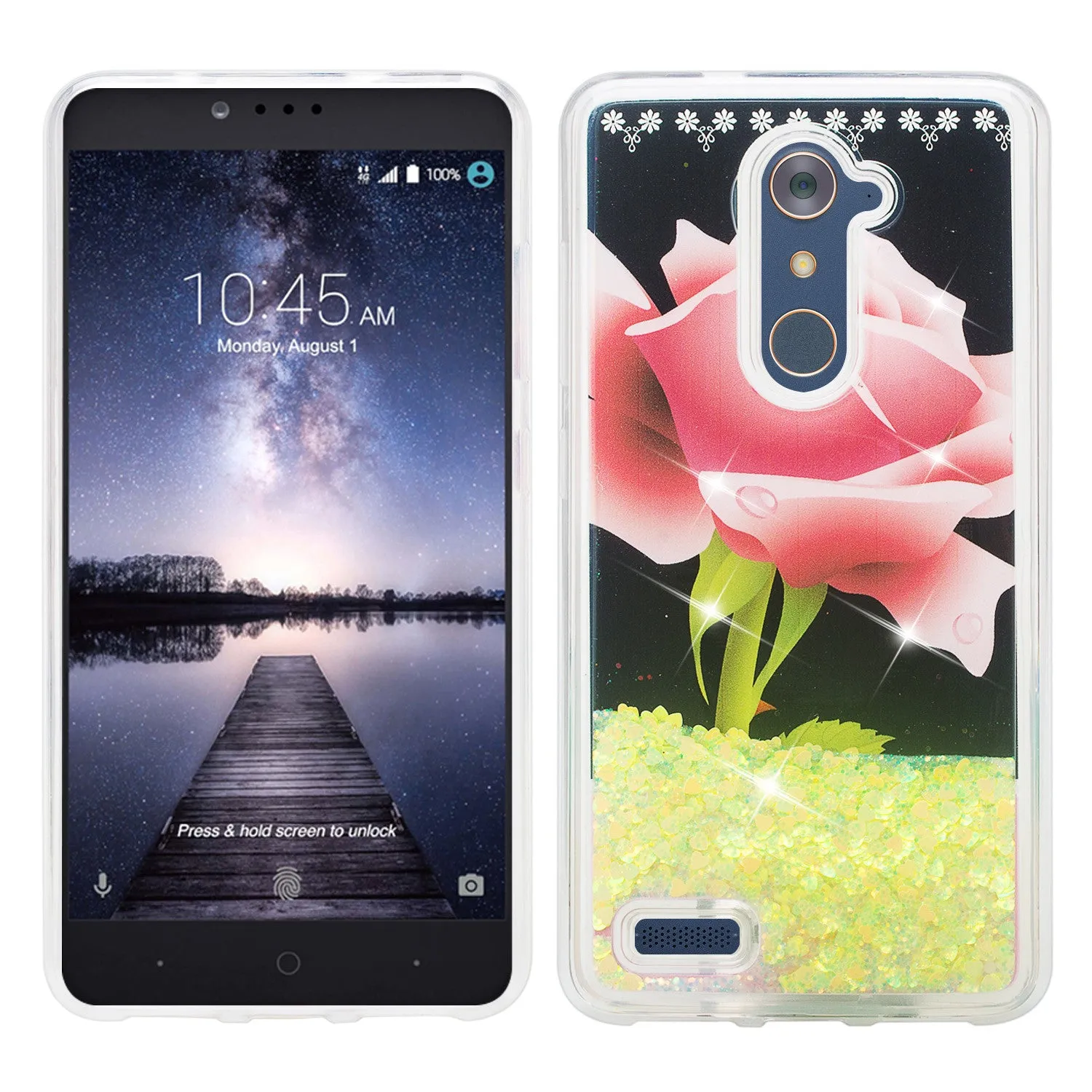 ZTE ZMAX Pro, Grand X Max 2, Blade X Max, ZTE Carry, Imperial Max, Max Duo LTE, Luxury Bling Liquid Glitter Case, Sparkle Quicksand Case - Hot Pink Rose