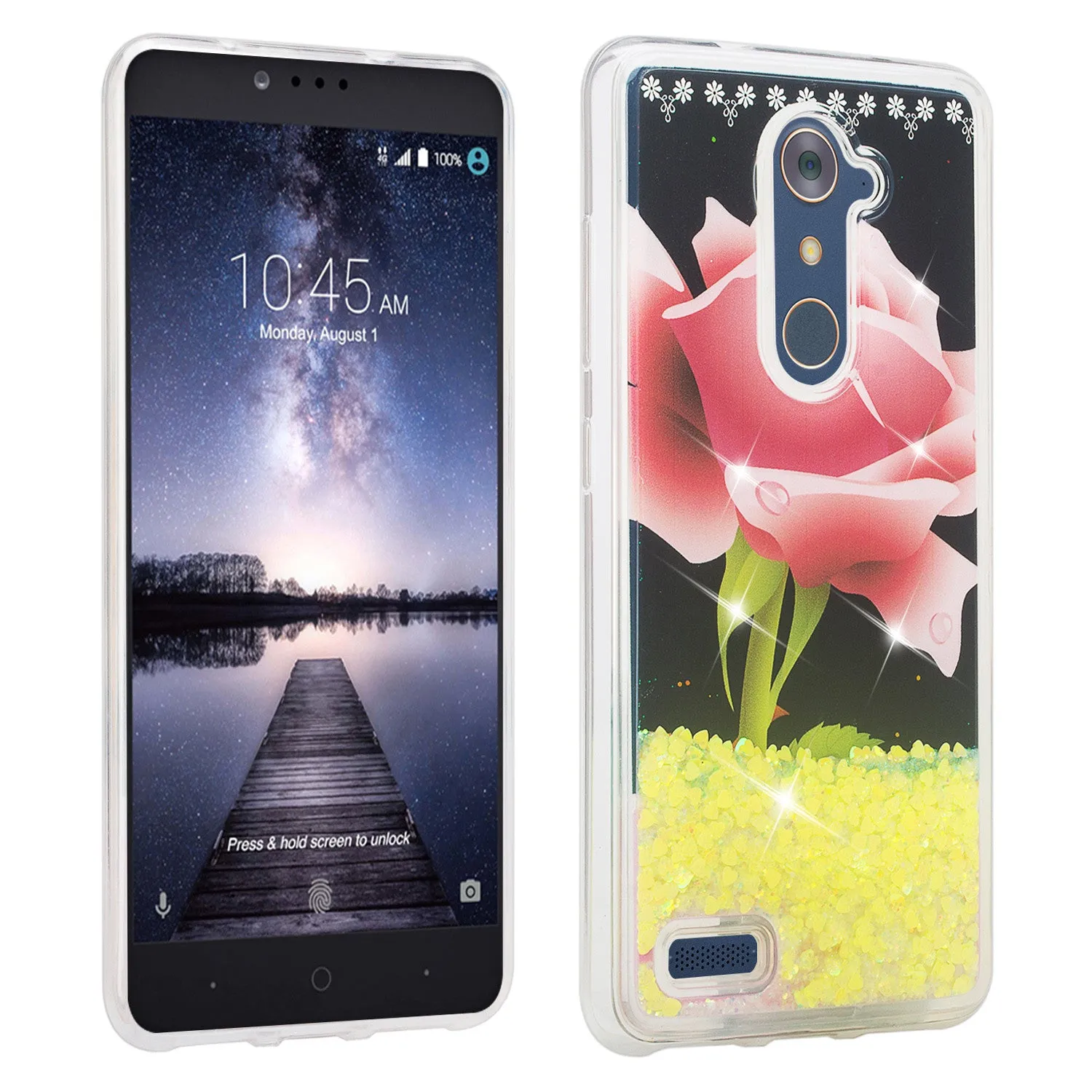 ZTE ZMAX Pro, Grand X Max 2, Blade X Max, ZTE Carry, Imperial Max, Max Duo LTE, Luxury Bling Liquid Glitter Case, Sparkle Quicksand Case - Hot Pink Rose