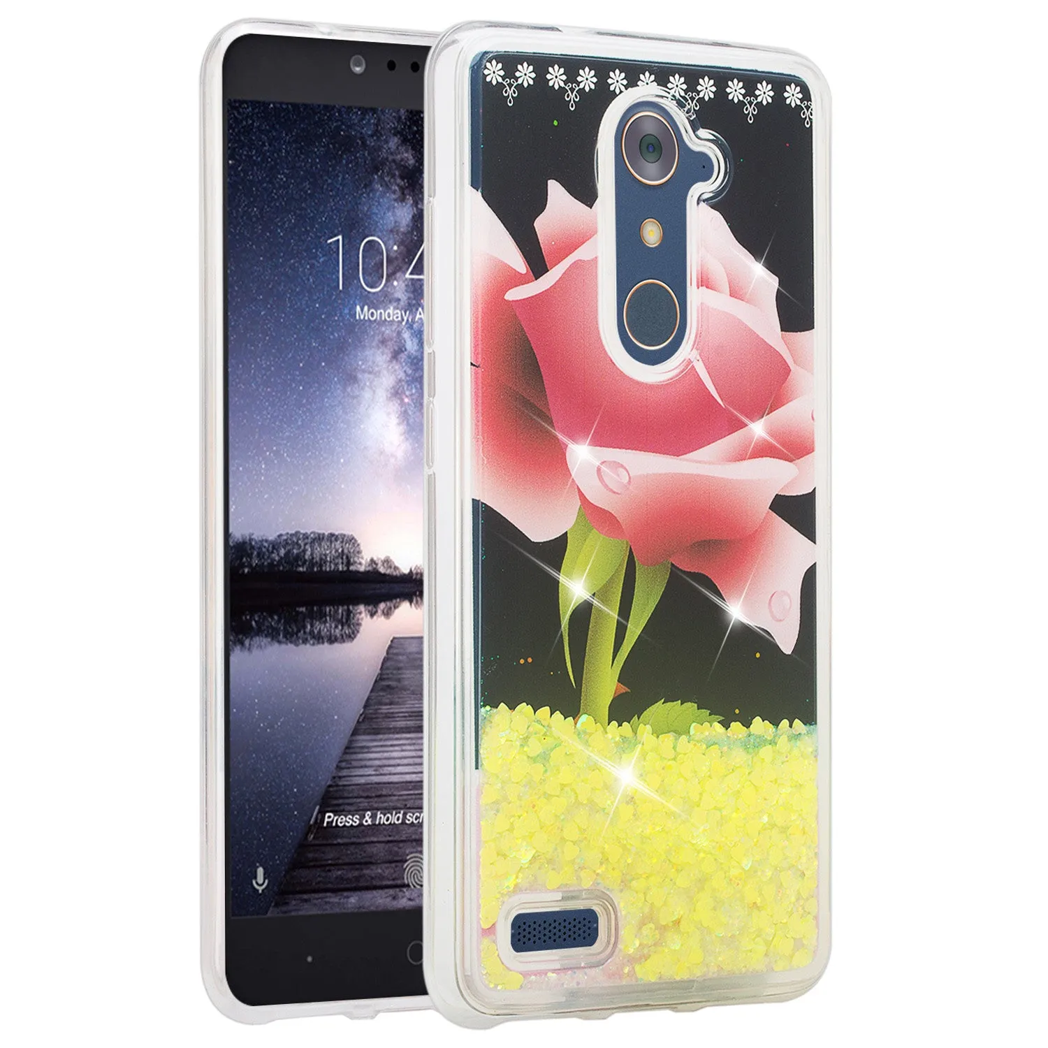 ZTE ZMAX Pro, Grand X Max 2, Blade X Max, ZTE Carry, Imperial Max, Max Duo LTE, Luxury Bling Liquid Glitter Case, Sparkle Quicksand Case - Hot Pink Rose