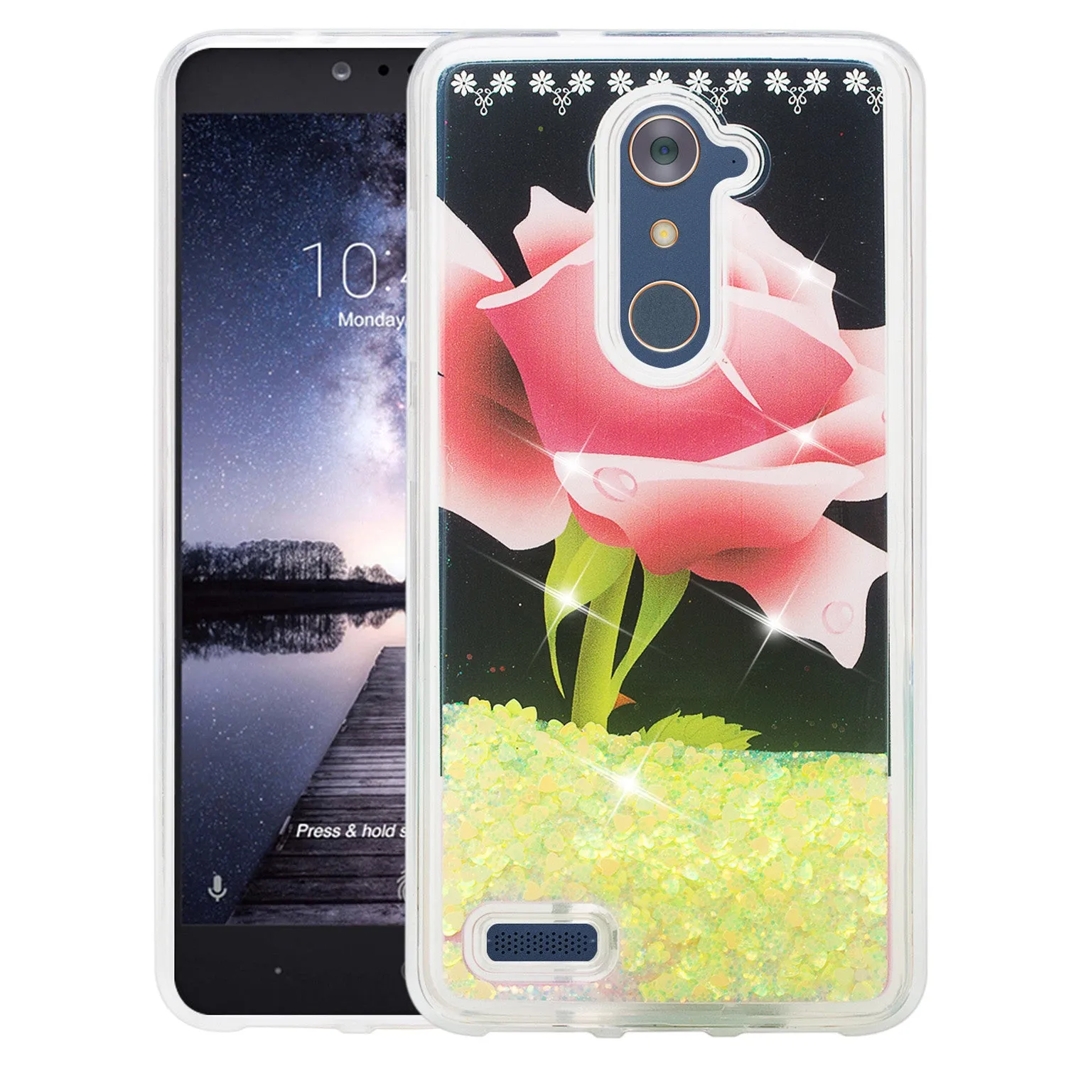 ZTE ZMAX Pro, Grand X Max 2, Blade X Max, ZTE Carry, Imperial Max, Max Duo LTE, Luxury Bling Liquid Glitter Case, Sparkle Quicksand Case - Hot Pink Rose