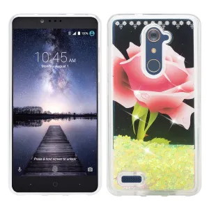 ZTE ZMAX Pro, Grand X Max 2, Blade X Max, ZTE Carry, Imperial Max, Max Duo LTE, Luxury Bling Liquid Glitter Case, Sparkle Quicksand Case - Hot Pink Rose