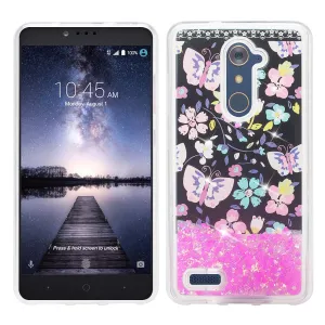 ZTE ZMAX Pro, Grand X Max 2, Blade X Max, ZTE Carry, Imperial Max, Max Duo LTE, Luxury Bling Liquid Glitter Case, Sparkle Quicksand Case - Pink Butterfly