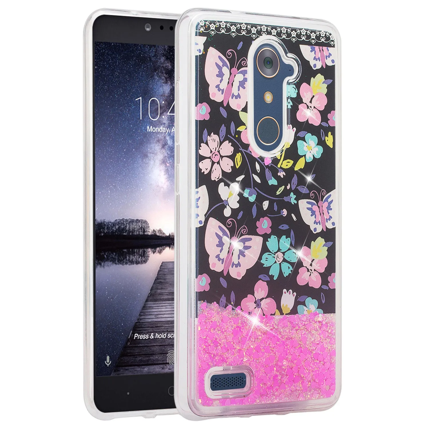 ZTE ZMAX Pro, Grand X Max 2, Blade X Max, ZTE Carry, Imperial Max, Max Duo LTE, Luxury Bling Liquid Glitter Case, Sparkle Quicksand Case - Pink Butterfly