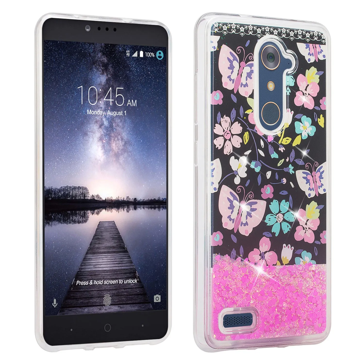 ZTE ZMAX Pro, Grand X Max 2, Blade X Max, ZTE Carry, Imperial Max, Max Duo LTE, Luxury Bling Liquid Glitter Case, Sparkle Quicksand Case - Pink Butterfly