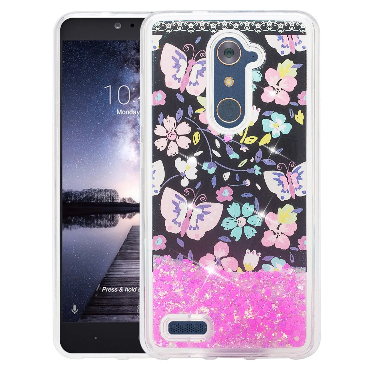 ZTE ZMAX Pro, Grand X Max 2, Blade X Max, ZTE Carry, Imperial Max, Max Duo LTE, Luxury Bling Liquid Glitter Case, Sparkle Quicksand Case - Pink Butterfly